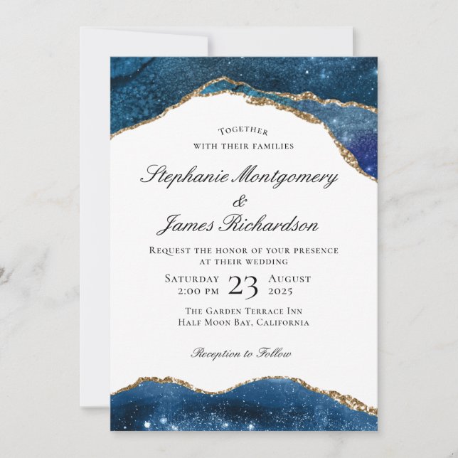 Convites Casamento de Ágata Azul Elegante com Folha de Ouro (Frente)