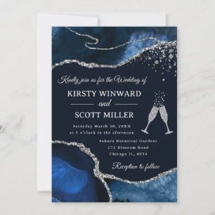 Convites Casamento de Ágata Azul Naval e Brilho Prateado El