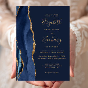 Convites Casamento de Ágata Azul Naval Elegante