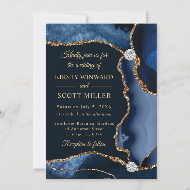 Convites Casamento de Ágata Brilhante Azul e Dourado (Frente)