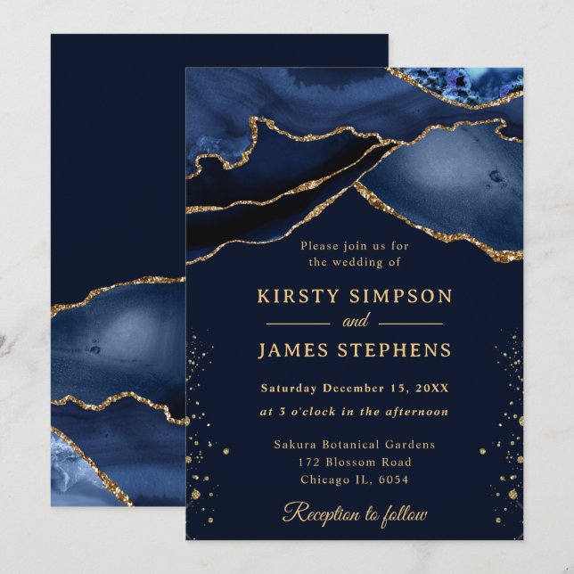 Convites Casamento de Ágata Brilhante Azul Naval e Dourado  (Frente/Verso)