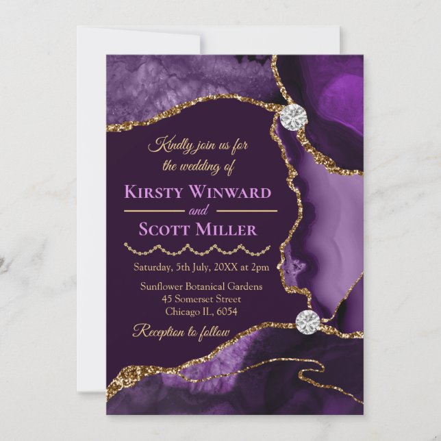 Convites Casamento de Ágata Brilhante Roxo e Dourado (Frente)