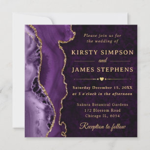 Convites Casamento de Ágata Brilhante Roxo Elegante Dourado
