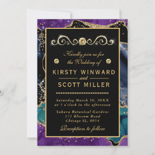 Convites Casamento de Ágata Brilho Dourado Azul Roxo Teal