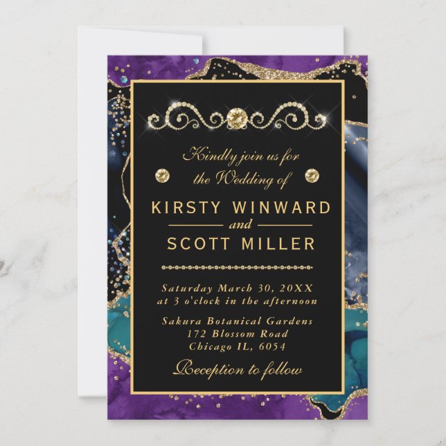 Convites Casamento de Ágata Brilho Dourado Azul Roxo Teal (Frente)