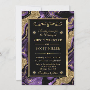 Convites Casamento de Ágata com Brilho Roxo e Dourado Elega
