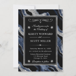 Convites Casamento de Ágata com Papel Alumínio Azul Elegant