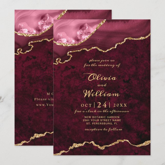 Convites Casamento de Ágata de Mármore Burgundy Dourado Mod (Frente/Verso)