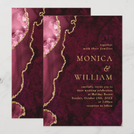 Convites Casamento de Ágata de Mármore Burgundy Dourado Mod