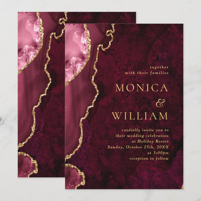 Convites Casamento de Ágata de Mármore Burgundy Dourado Mod (Frente/Verso)