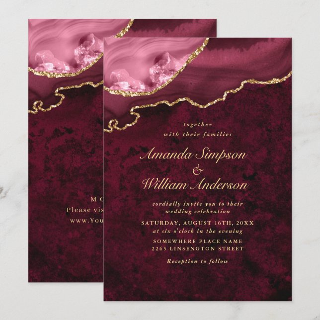 Convites Casamento de Ágata de Mármore Burgundy Dourado Mod (Frente/Verso)