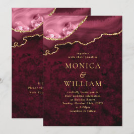 Convites Casamento de Ágata de Mármore Burgundy Dourado Mod