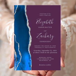 Convites Casamento de Ágata de Prata Azul Real Ameixa