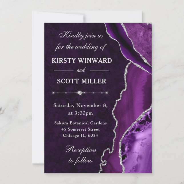 Convites Casamento de Ágata e Mármore com Brilho Roxo e Pra (Frente)