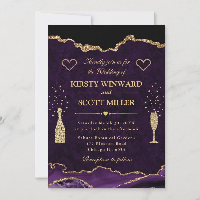 Convites Casamento de Ágata Falsa Brilhante Roxo e Dourado  (Frente)
