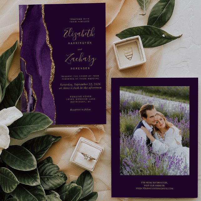 Convites Casamento de Ágata Roxa e Ouro de Foto Moderna (Criador carregado)