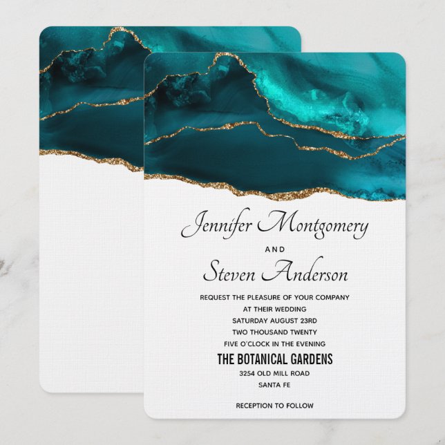 Convites Casamento de Ágata Teal Dourado e Branco Estiloso  (Frente/Verso)
