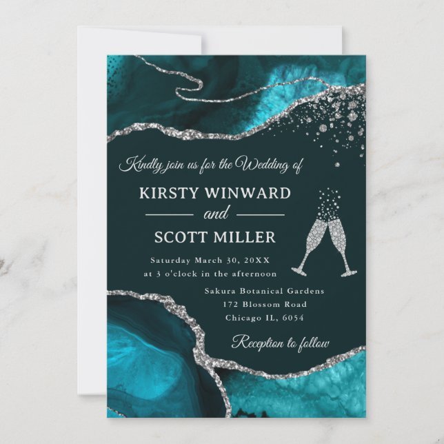 Convites Casamento de Ágata Teal e Brilho de Prata Elegante (Frente)