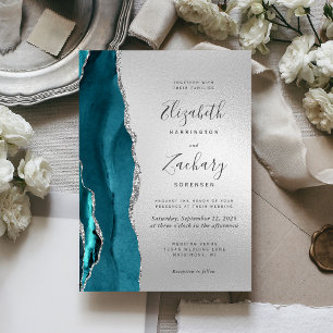 Convites Casamento de Ágata Teal Prata Moderno