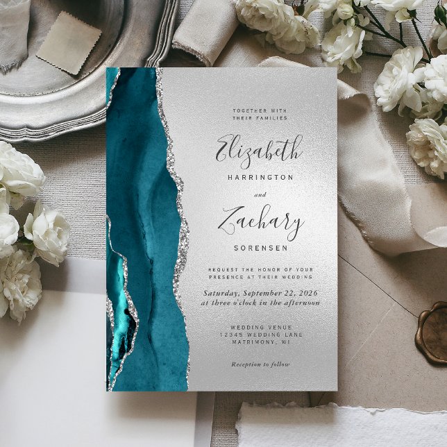 Convites Casamento de Ágata Teal Prata Moderno (Criador carregado)