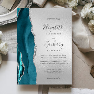 Convites Casamento de Ágata Teal Prata Moderno