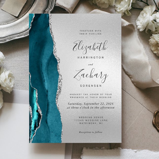 Convites Casamento de Ágata Teal Prata Moderno (Criador carregado)