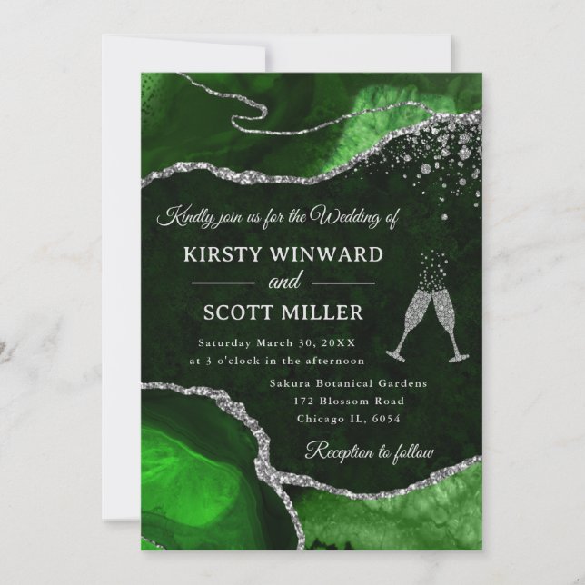 Convites Casamento de Ágata Verde e Prata Brilhante (Frente)