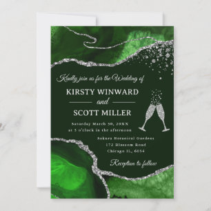 Convites Casamento de Ágata Verde e Prata Elegante com Bril