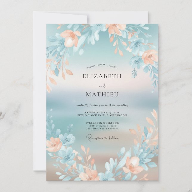 Convites Casamento de Água-Marinha com Folhagem Suave e Dam (Frente)
