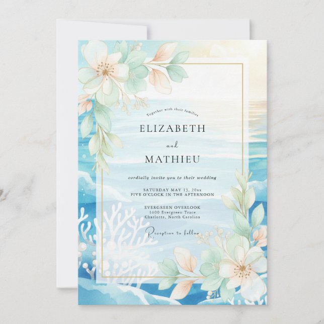 Convites Casamento de Água Tropical Coral Eucalipto (Frente)