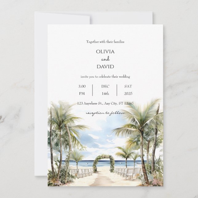 Convites Casamento de Aisle com Palma Tropical Lined Beach  (Frente)