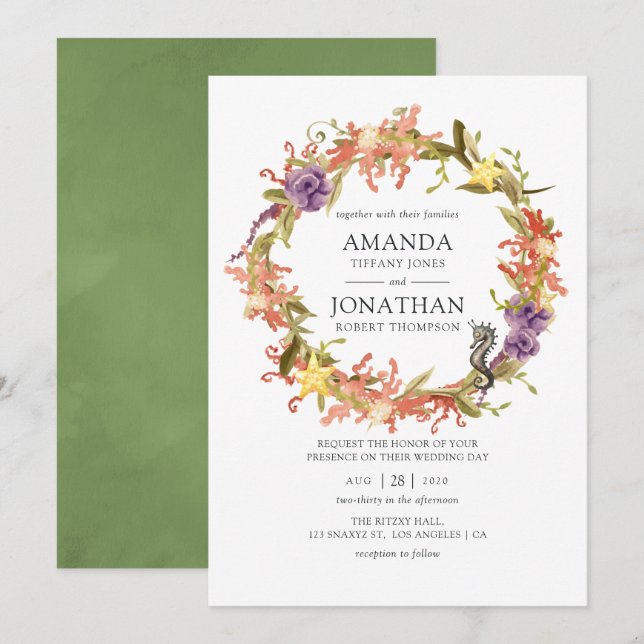 Convites Casamento de Algas Marinhas em Aquarela (Frente/Verso)