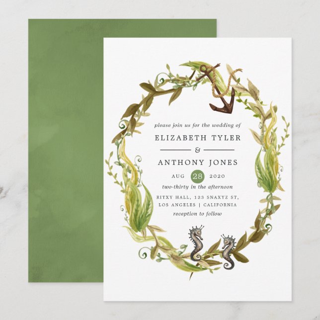 Convites Casamento de Algas Marinhas em Aquarela (Frente/Verso)