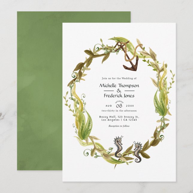 Convites Casamento de Algas Náuticas em Aquarela (Frente/Verso)
