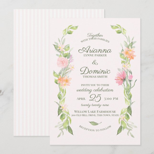 Convites Casamento de Algodão Floral Watercolor (Frente/Verso)