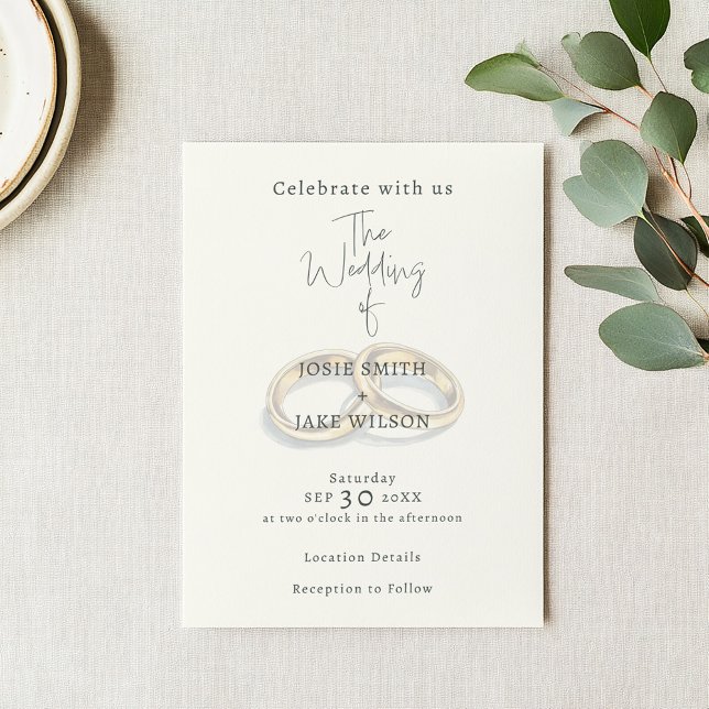 Convites Casamento de alianças mudas (Wedding invitation with a soft background of an illustration of 2 gold wedding rings.)