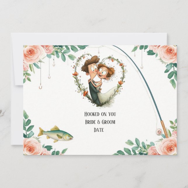 Convites Casamento de amante de pesca com vara e flores (Frente)