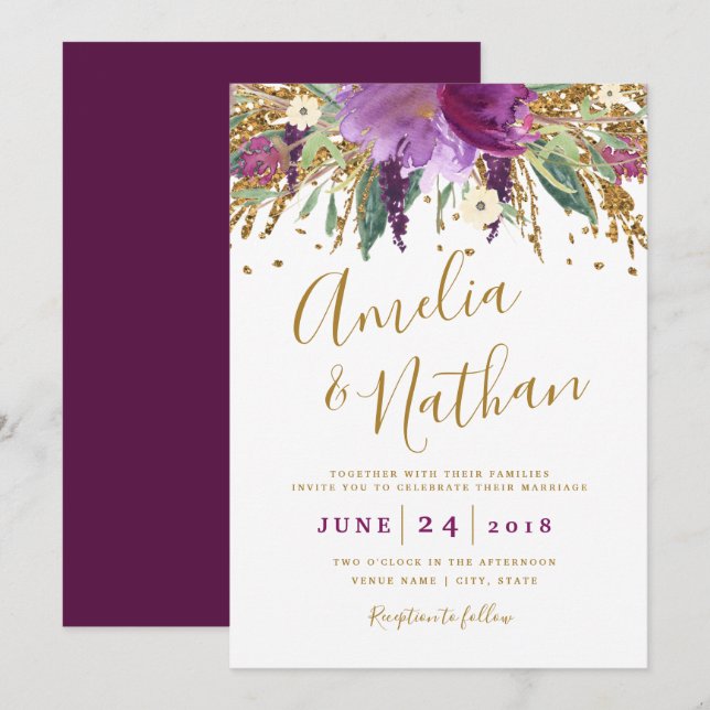 Convites Casamento de Ámbar Brilhante com Brilho Roxo (Frente/Verso)