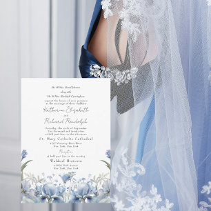 Convites Casamento de Ambos os Pais com Floral Azul Poeiren