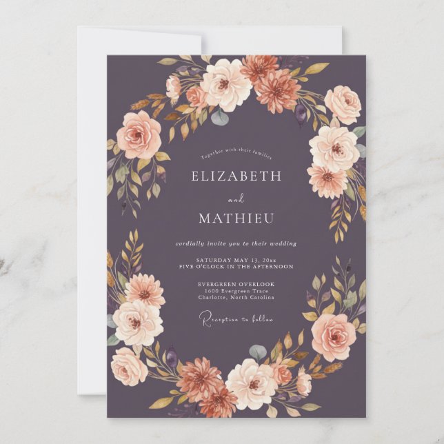 Convites Casamento de Ameixa Dourada Ranunculus Cinza Eucal (Frente)