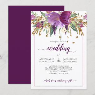 Convites Casamento de Ametista Roxo e Dourado Floral