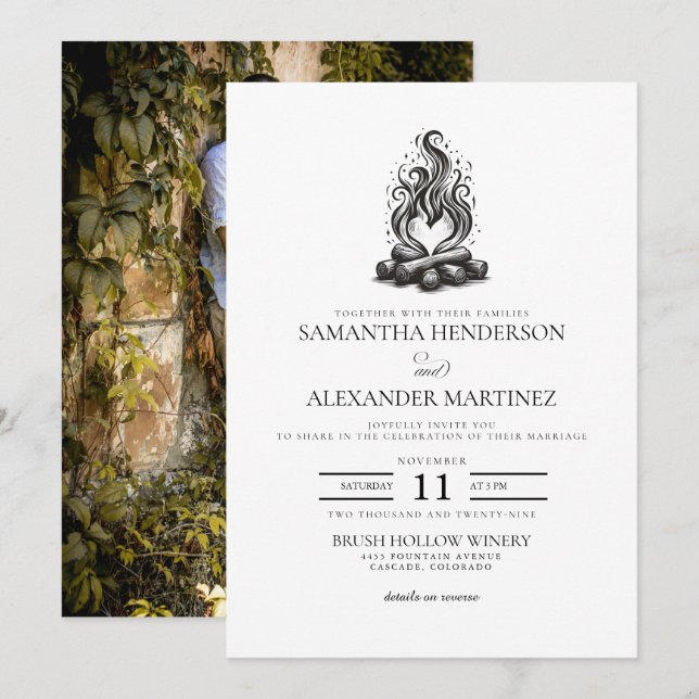 Convites Casamento de Amor em Torno da Fogueira (Frente/Verso)