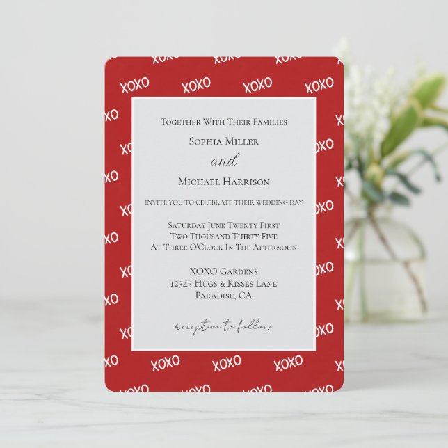 Convites Casamento de Amor Vermelho Branco XOXO (Em pé/Frente)