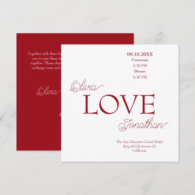 Convites Casamento de Amor Vermelho Elegante Simples (Frente/Verso)