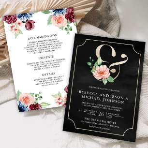 Convites Casamento de Ampersand Floral Preto-Marinho Rosa B