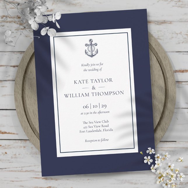 Convites Casamento De Âncora Azul E Branco Marinho Náutico (Nautical Navy Blue And White Anchor Wedding Invitation)
