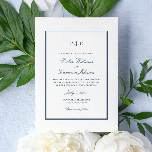 Convites Casamento de Âncora Azul-Marinho Elegante (This elegant anchor monogram wedding invitation matches the Coastal Map Designs Save the dates)