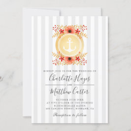 Convites Casamento de Âncora Dourada Floral Náutica