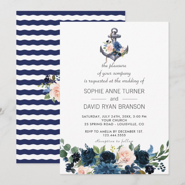 Convites Casamento de Âncora Floral Azul, Cor-de-Rosa Náuti (Frente/Verso)