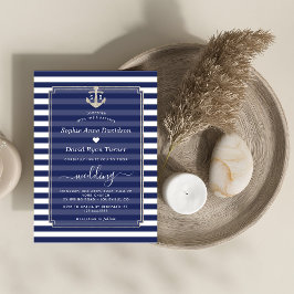 Convites Casamento de Âncora Marinho Náutico Azul Stripes P